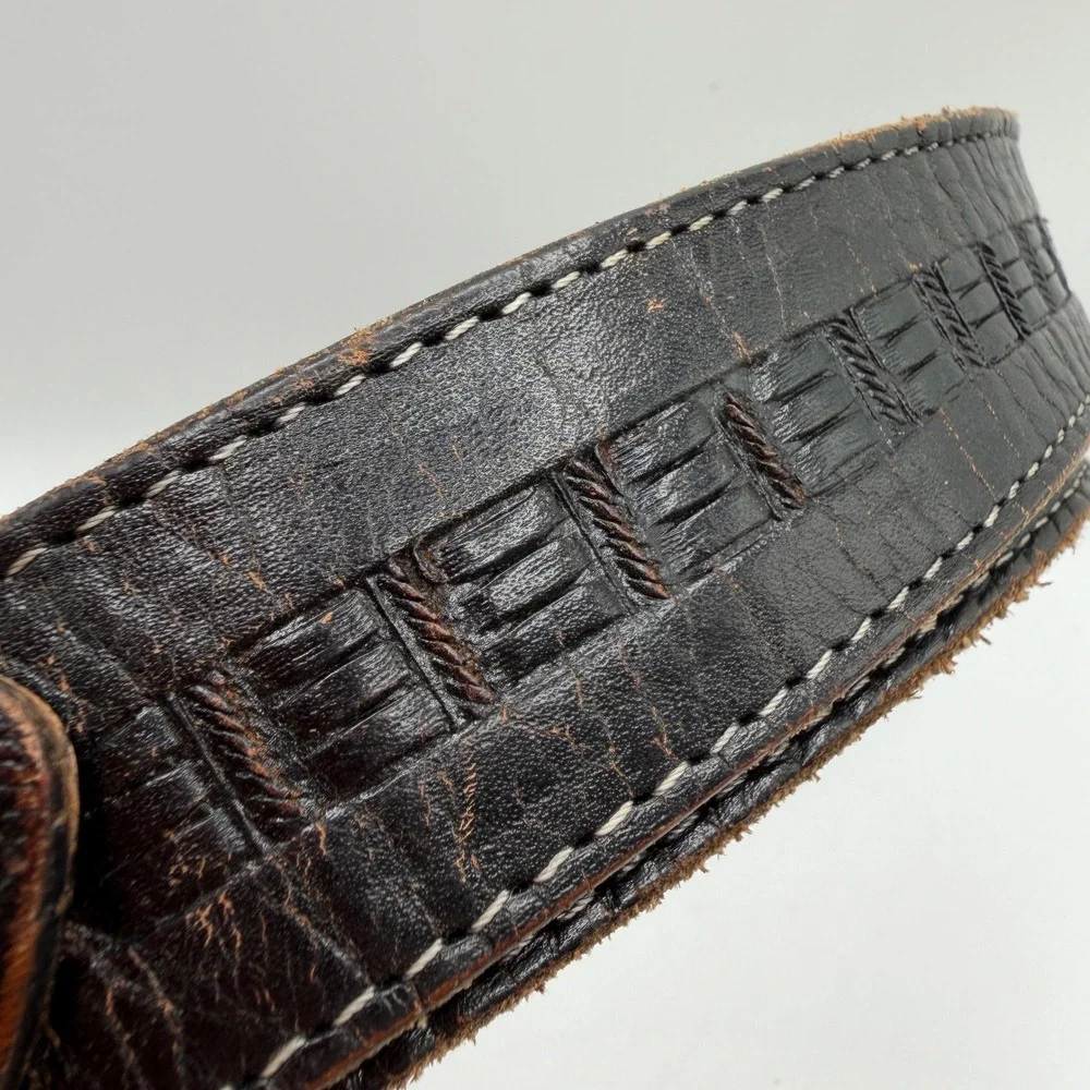 Vintage Black Leather Embossed Belt Size 50 Distressed White Stitch Workwear
